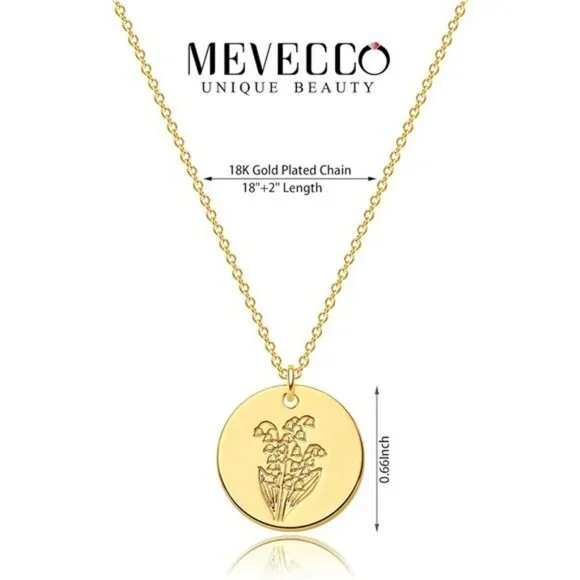 MEVECCO Birth Flower Necklace 18k Gold Custom Floral Pendant Necklaces Dainty - Picture 3 of 7